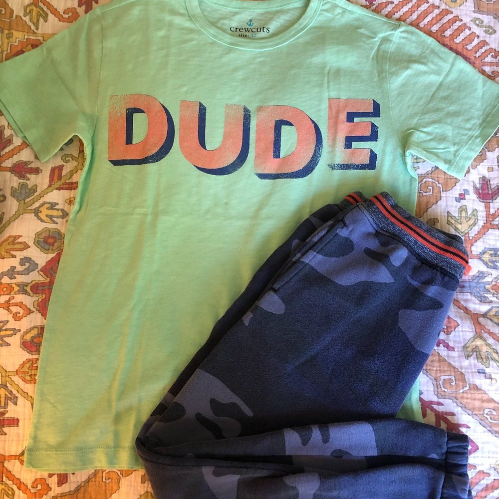 Crewcuts DUDE tee 12 with Boden sweats 10